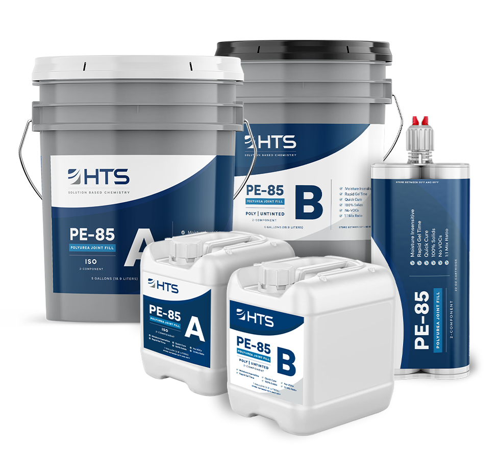 Various containers of HTS PE-85 polyurea joint fill products including pails and cartridges.