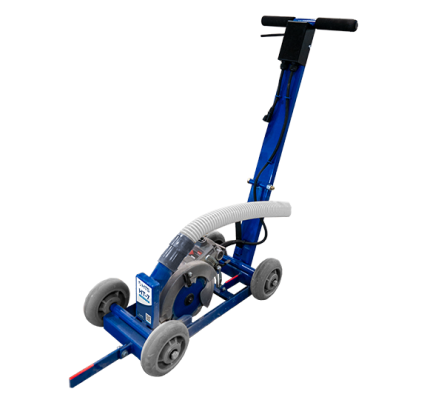 Blue and silver industrial carpet cleaning machine with wheels and a handle.