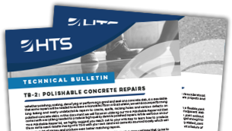 Tri-fold technical bulletin about polished concrete repairs with text and images, featuring the logo HTS at the top.