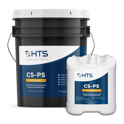 Two containers of HTS Solution Based Chemistry products, a large black and blue bucket, and a smaller white and blue jug, labeled CS-PS Stain Guard Penetrating Sealer.