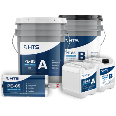 Five containers of HTS PE-85 polyurea joint fill products with labels indicating A and B components, featuring moisture insensitivity and quick cure time specifications.