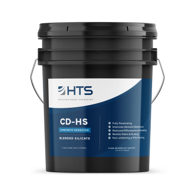 Black plastic bucket with a metal handle and labeled HTS CD-HS Concrete Densifier Blended Silicate, listing benefits such as full penetration and abrasion resistance, and storage instructions.