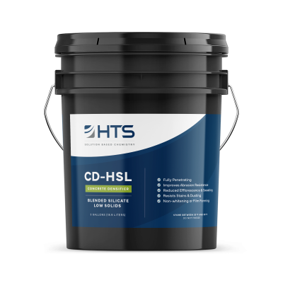 Large black plastic bucket with handle labeled HTS CD-HSL Concrete Densifier, highlighting features like fully penetrating and improving abrasion resistance.