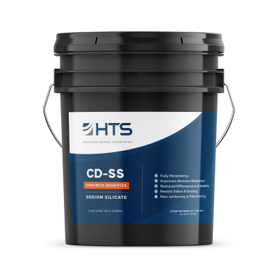 Black plastic bucket labeled HTS CD-SS Concrete Densifier, Sodium Silicate, with product features such as Fully Penetrating and Improves Abrasion Resistance listed, and storage instructions.