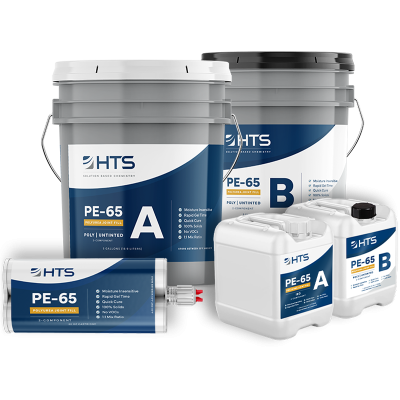 Five containers of HTS PE-65 Polyurea Joint Fill products, including two large buckets labeled Part A and Part B, a pair of jugs, and a caulk-like tube, all featuring blue and white branding.