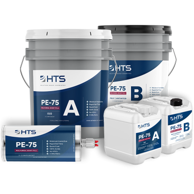 Several containers and cartridges of HTS PE-75 Polyurea Joint Fill products in different sizes with labels A and B indicating two components of the product.