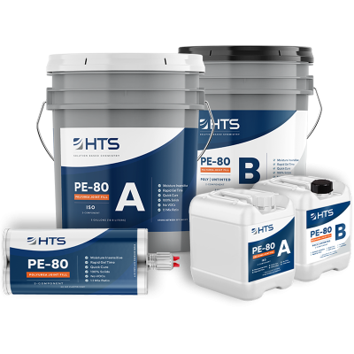 Various containers of HTS PE-80 Polyurea Joint Fill products labeled A and B, including large pails, jugs, and a cartridge, against a white background.