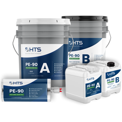 Five containers of PE-90 Polyurea Joint Fill products, labeled A and B, with varying sizes including large pails, jugs, and a cartridge, featuring the HTS brand.