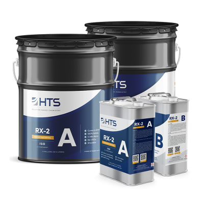 Three containers labeled HTS RX-2, two are component A in large black drums and one smaller component B, with blue and white labeling indicating industrial repair materials.