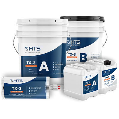 Five containers of HTS TX-3 repair material, featuring two large white buckets labeled A and B, two smaller jugs labeled A and B, and one cartridge, all designed for concrete repair with a focus on low viscosity and quick curing time.