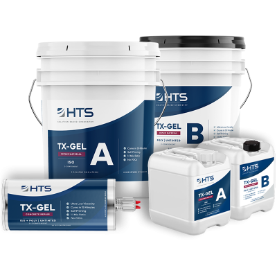 Assortment of HTS TX-GEL repair material containers labeled A and B in various sizes including a tube, jugs, and large buckets.