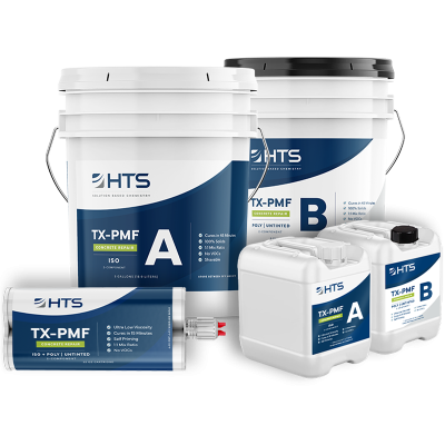 Selection of HTS TX-PMF concrete repair products including containers labeled A and B with different sizes and formats such as buckets, jugs, and a tube.