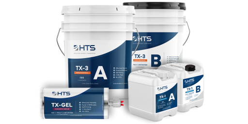 Assortment of HTS branded construction chemical products including containers of TX Gel, TX-3, and TX-1 repair material with labels A and B indicating two-component systems.