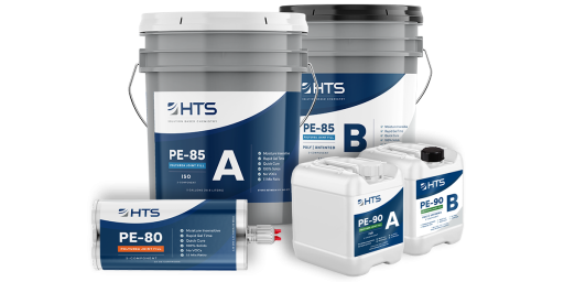 Various sized containers labeled HTS PE-85 and PE-90 with A and B components for polyurea joint fill and poly lamination.