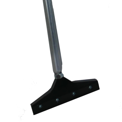Close-up view of a window squeegee with a silver handle and a black rubber blade against a partially transparent background.